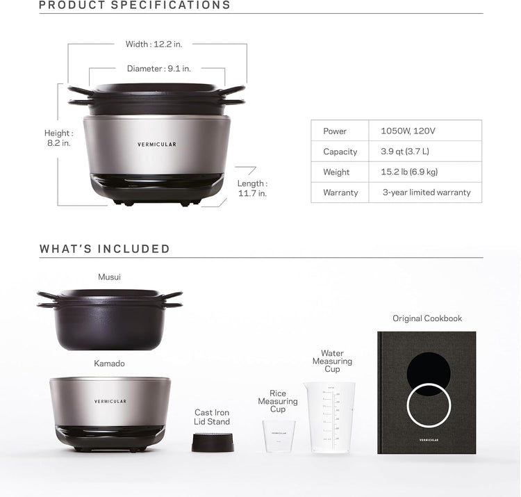 Vermicular Musui–Kamado (RICEPOT) | Cast Iron Induction Cooker | Precision Multicooker | Japanese Rice Cooker | Slow Cooker | Non-Toxic Enameled Cast Iron Pot | Matte Black & Silver | US Model (120V)