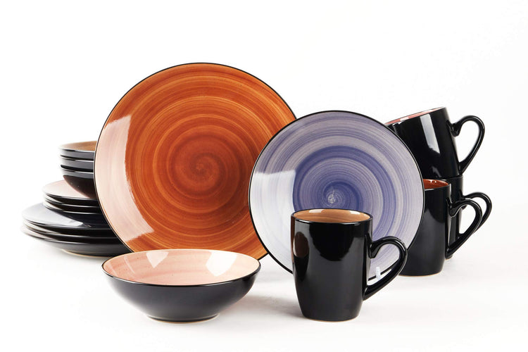 HomeVss, 16-Piece Dinnerware Set - Serves 4, Black and Speckled Purple Plates & Bowls Set | Microwave & Dishwasher Safe Mix Cobalt, Mocha, Rose, Spice
