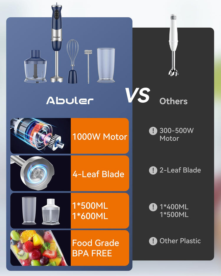 Immersion Blender Handheld 1000W 5 in 1 Corded Stick Hand Blender Kitchen with 12 Speed