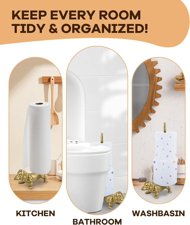 Gold Dog Paper Towel Holder for Kitchen & Bathroom - Decorative Cast Iron Free Standing Paper Roll Stand with Heavy Base, Slim Design Counter Organizer for Home, Apartment & Office