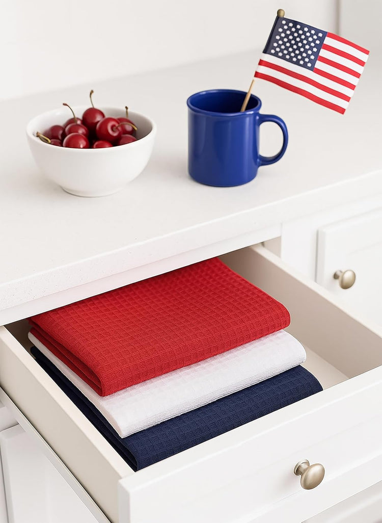 PurpleEssences 4th of July Waffle Weave Kitchen Towel, 100% Cotton - 15 x 25 Inches, with Hanging Loop Ultra Soft Absorbent Quick Drying Dish Cloth, Tea & Hand Towels, 6 Pack Labor Day Red Blue White - Nestoria