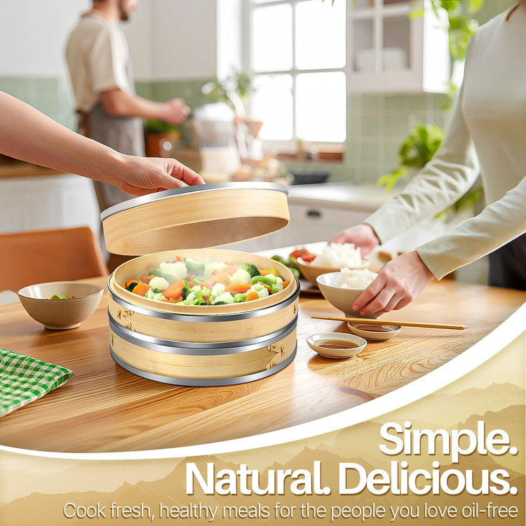 10 Inch Bamboo Steamer Basket Set with Stainless Steel Banding