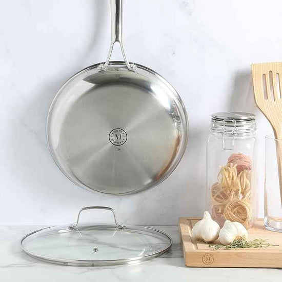 Martha Stewart Badgley Hybrid Nonstick 12 Inch TriPly Stainless Steel Large Fry Pan With Lid & Stay Cool Handle - Laser Etched Non-Toxic Perfect Sear Nonstick Skillet - Dishwasher and Induction Safe
