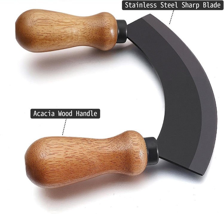 5.4 Inch Stainless Steel Mezzaluna Knife - Salad Chopper Rocker Pizza Cutter Rocker Knife Curved Blade Sharp Blade Double Acacia Wood Handle Fruit Vegetable Mincing (5.4 Inch Black)