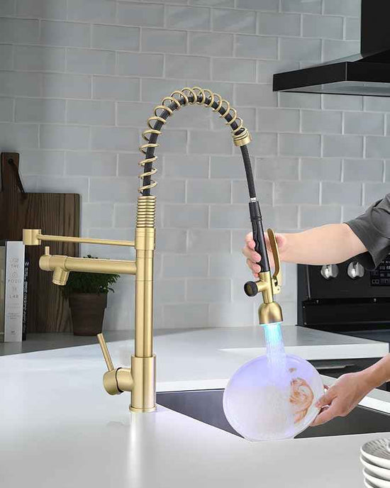 Fapully Single Handle High Arc Brushed Gold Pull Down Kitchen Faucet LED,Single Level Kitchen Sink Faucets with Pull Down Sprayer