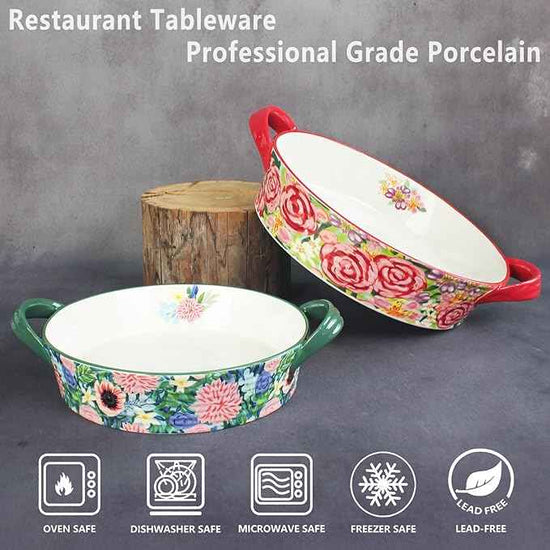 Two-piece baking pan set: Hand-painted floral ceramic baking pan with creative double handles, suitable for lasagna, quiche, apple pie, etc, a housewarming or wedding gift. (Combination 1)