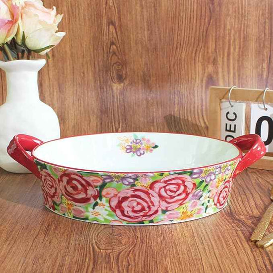Two-piece baking pan set: Hand-painted floral ceramic baking pan with creative double handles, suitable for lasagna, quiche, apple pie, etc, a housewarming or wedding gift. (Combination 1)