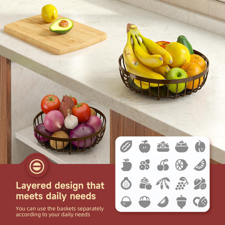 2 Tier Fruit Bowl for Kitchen Counter with Banana Hangers