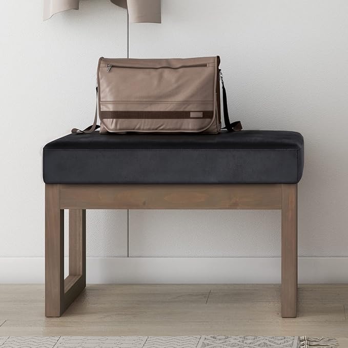 SIMPLIHOME Milltown Small Ottoman Bench - 27 inch Wide Upholstered Vegan Leather Rectangle Footstool Ottoman in Distressed Black, Contemporary Bench for Bedroom with Cushioned Seat, Assembled