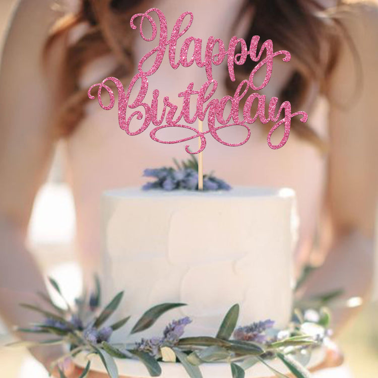 1 PCS Happy Birthday Cake Topper Glitter Happy Birthday Cake Pick for Celebrating Happy Birthday Anniversary Party Cake Decorations Supplies Pink