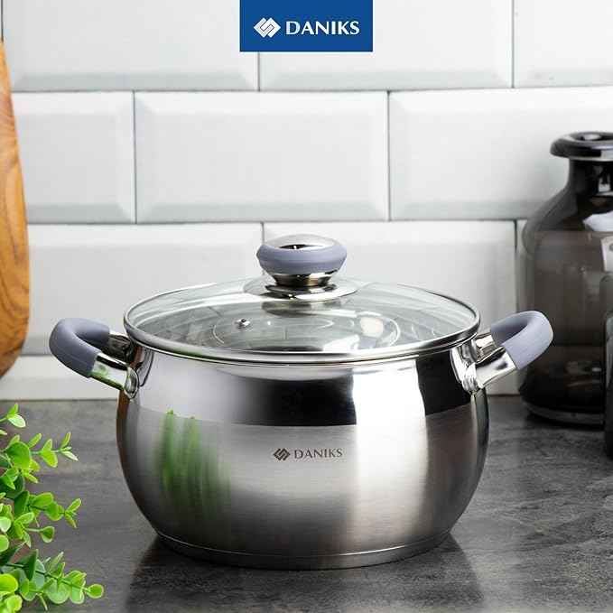 Daniks Modern 7 Quart Stainless Steel Stock Pot with Glass Lid, Tri-Ply Bottom for Even Heating, Induction Compatible, Dishwasher Safe, Heatproof Handles