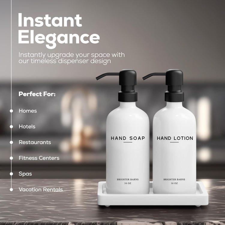 White Glass Soap and Lotion Dispenser Set with Tray by Brighter Barns