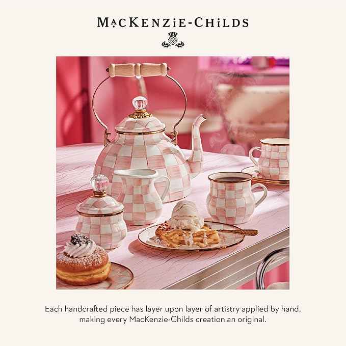 MACKENZIE-CHILDS Enamel Compote, Cute Enamel Pedestal Serving Dish or Decorative Bowl, Small, Pink-and-White Rosy Check