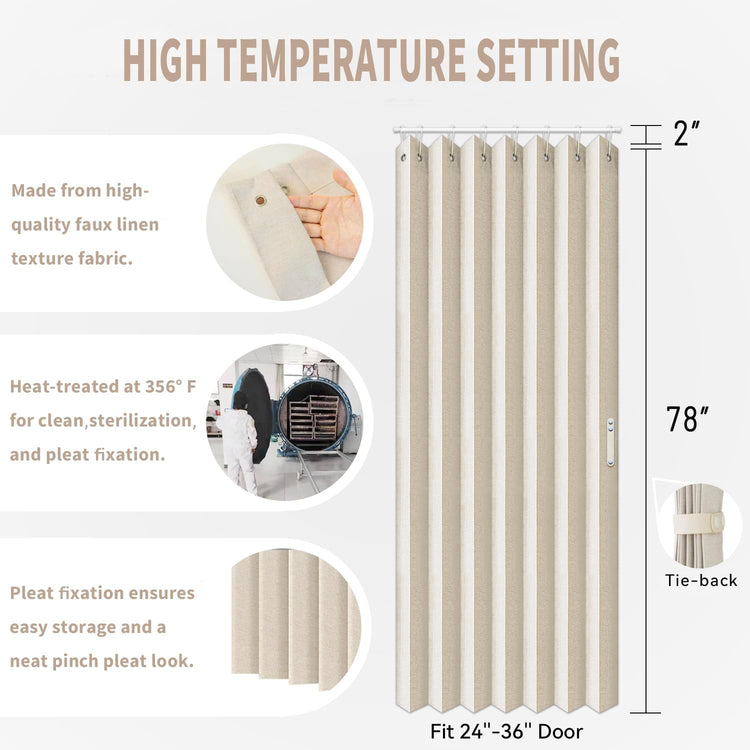 Vatge Closet Curtains, Accordion Style Door Curtains for Doorways, Pleated Folding Doors Curtain for Closet and Room Divider, 1 Panel, W39 x L78, Beige