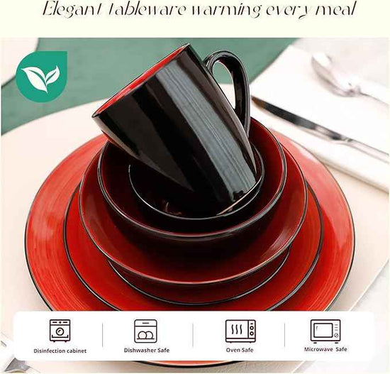 Stoneware Sonoma Dinnerware Set, Black + Speckled Spin Wash (56pc Set, Red)