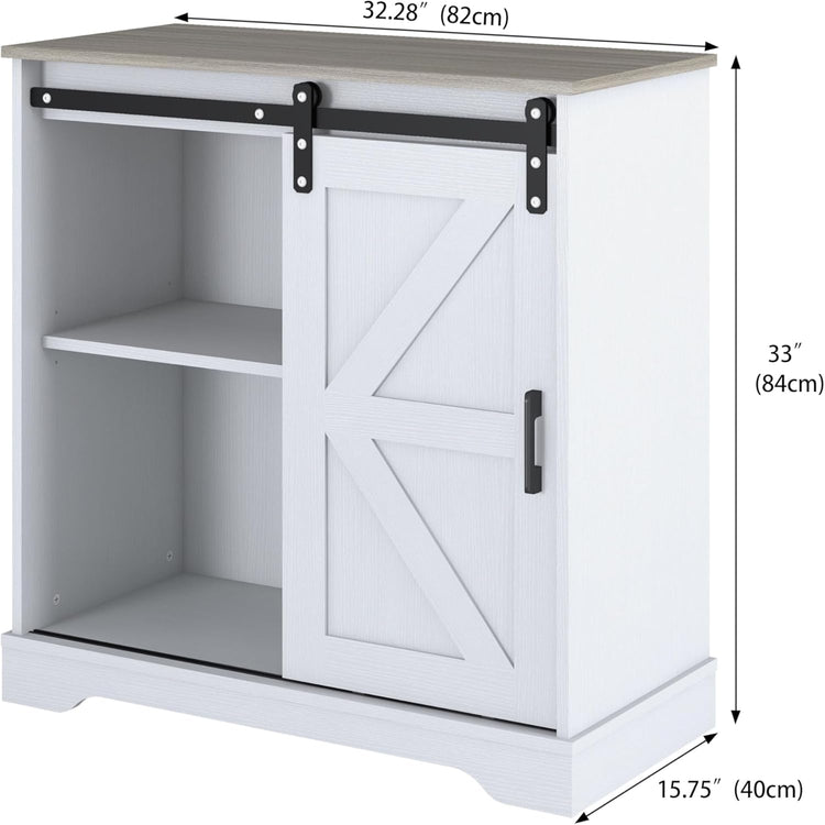 Panana Sliding Barn Door Buffet Sideboard Storage Cabinet Coffee Bar Kitchen Farmhouse Style (White Cabinet Nature Top)