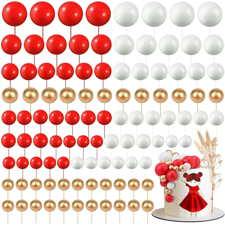 108 Pcs Balls Cake Topper DIY Cupcake Insert Foam Balloons for Cake Baking Wedding Anniversary Birthday Decoration(Red, White, Gold,Multi Sizes)