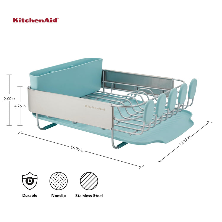 Compact Space Saving Rust Resistant Dish Rack with Removable Flatware Caddy and Angled Self Draining Drainboard