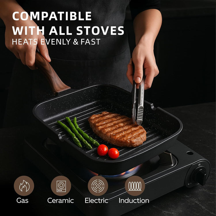 Kikcoin Nonstick Grill Pan for Indoor Cooking，9.5 Inch Versatile Griddle for Stove Tops Steak Pan with Pour Spouts