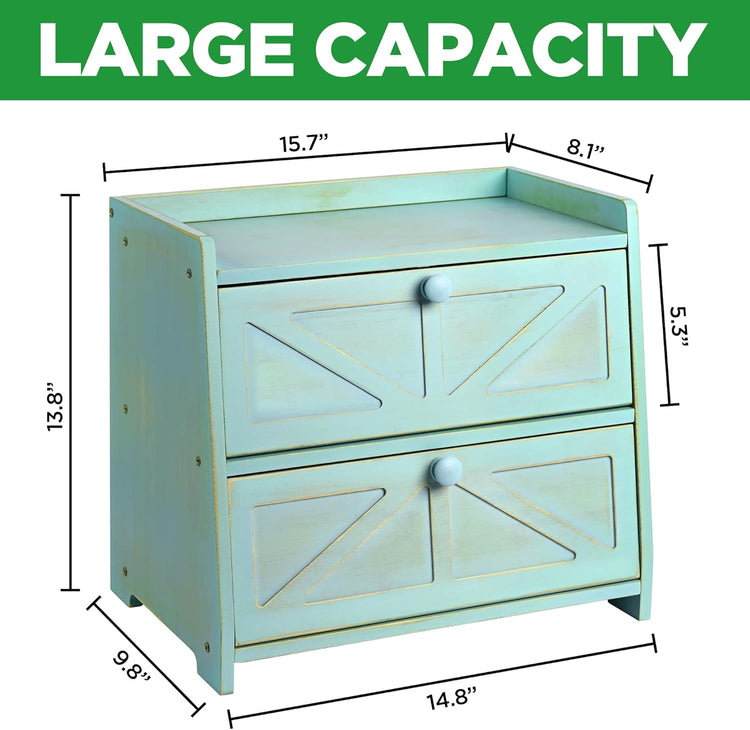 Vintage Double Layer Bread Box for Kitchen Countertop, Bamboo Bread Storage Container, Breadbox for Homemade Bread, Large Capacity Bread Bin(Green)