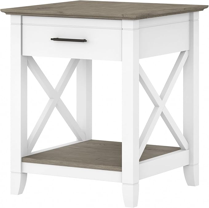 Bush Home End Table with Drawer, Nightstand with Storage, Living Room and Bedroom Furniture, Key West Collection, Shiplap Gray & Pure White