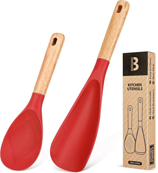 Cooking Spoon and Rice Scooper for Nonstick Cookwares, Great for Cooking and Serving Sturdy BPA-Free Matte Silicone, Wood Handle Spoon for Mixing, Scoop, and Scrape (RED) - Nestoria