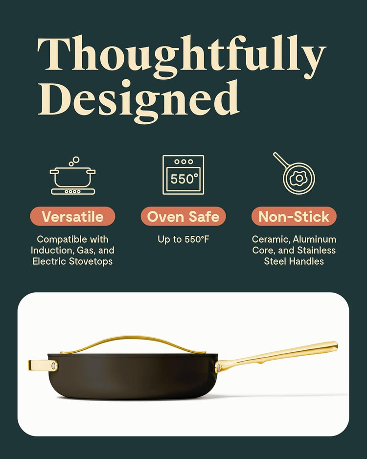 Caraway Nonstick Ceramic Sauté Pan with Lid (4.5 qt, 11.8") - Non Toxic, PTFE & PFOA Free - Oven Safe & Compatible with All Stovetops (Gas, Electric & Induction) - Black