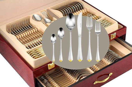 Venezia Collection Gold Flatware Serving Set for 12, 75-Pc Luxury Dining Silverware Cutlery Service, 24 Kt 18/10 Premium Surgical Stainless Steel Hostess Set in a Wooden Storage Case Chest