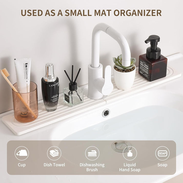 Faucet Mat for Kitchen Sink, Diatomite Stone Drying Sink Protectors, Bathroom Faucet Splash Guard, Quick Dry Water Absorbing, Non-Slip Stone Tray for Kitchen Counter, White, 15.7" x 3.9"