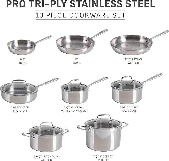 T-fal Pro Tri-Ply Stainless Steel Cookware Set 13 Piece Induction Compatible, Oven Safe 500F, Lids 350F, Fast & Even Heat, Pots and Pans Set, Professional Quality, Kitchen Essentials, Silver