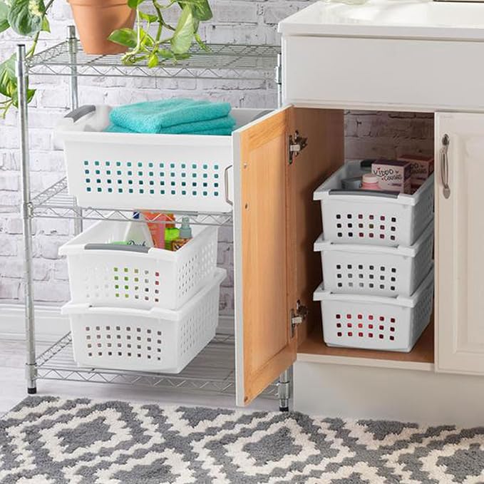 Sterilite 16608008 Small Stacking Basket with Vertical Stacking Functionality and Titanium Accents for Organization in Home or Office, White (16 Pack)