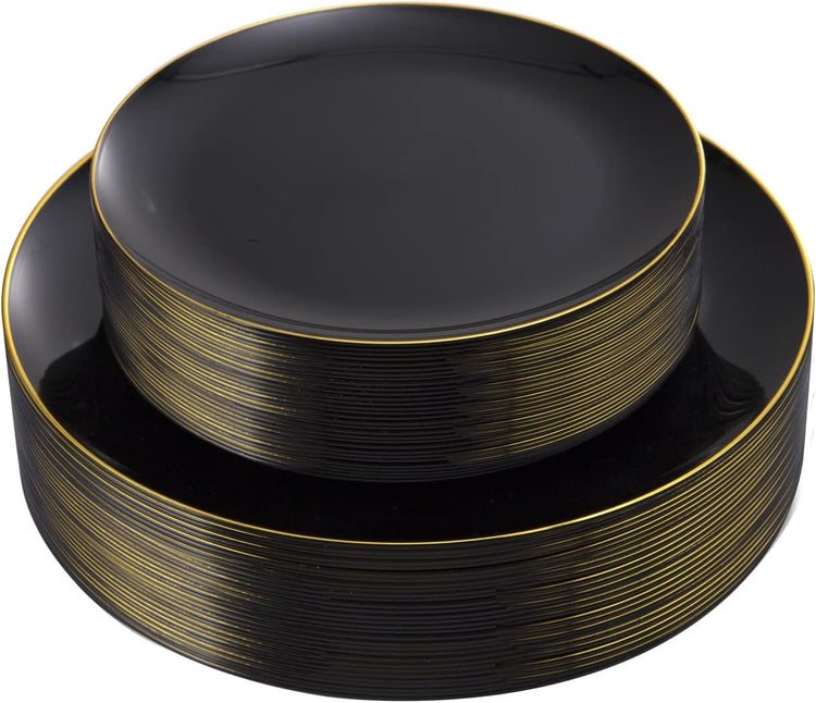 KIRE 60PCS Black Plastic Plates - Black Disposable Plates with Gold Rim for Party/Graduation - Include 30Pcs 10.25inch for Dinner and 30Pcs 7.5inch for Dessert