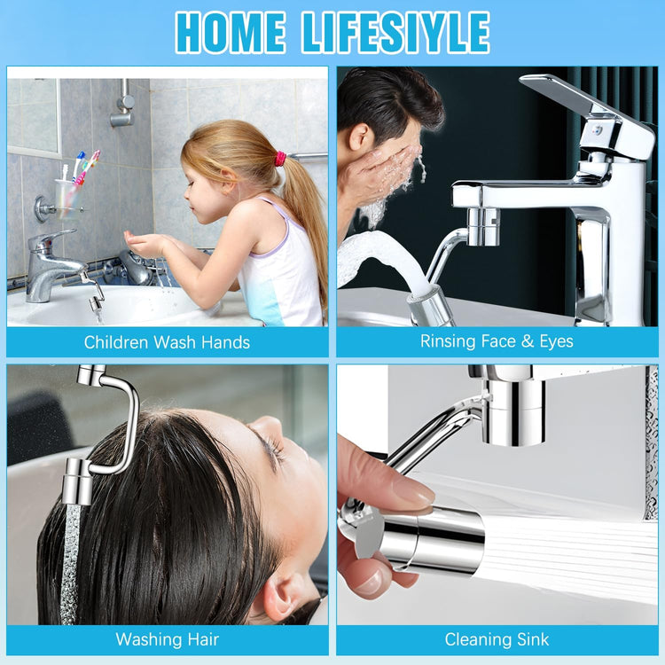 Universal Sink Faucet 1440° Rotatable Faucet Aerator Extension, U Shaped Faucet Extender for Toddlers 2 Modes Adjustable, Flexiflow 1080° Rotating Faucet Extender for Bathroom Sink/Kitchen(Silver)