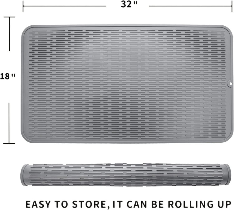 Silicone Dish Drying Mat for Multiple Usage,Easy clean,Eco-friendly,Heat-resistant Silicone Mat for Kitchen Counter or Sink,Refrigerator or Drawer Liner Grey 4XL 32 inches x 18 inches
