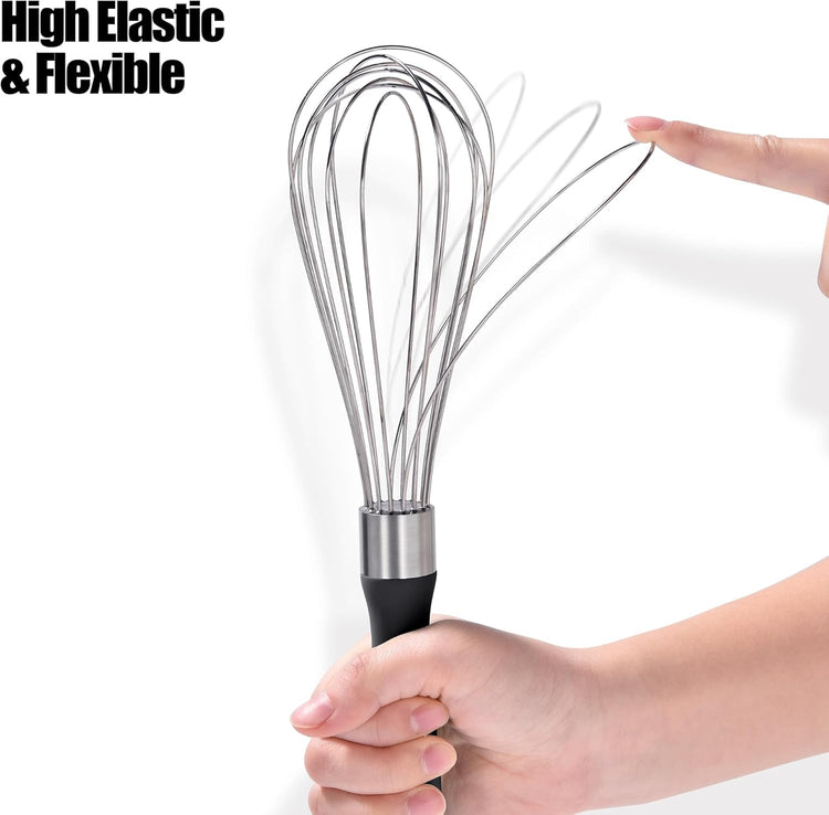 18/8 Stainless Steel Balloon Whisk, Doosu Kitchen Whisk for Cooking Handheld Egg Beater with Rust-Proof Sturdy Wires & Non-Slip Silicone Handle for Beating, Stirring, Blending (8 Wires, Black)