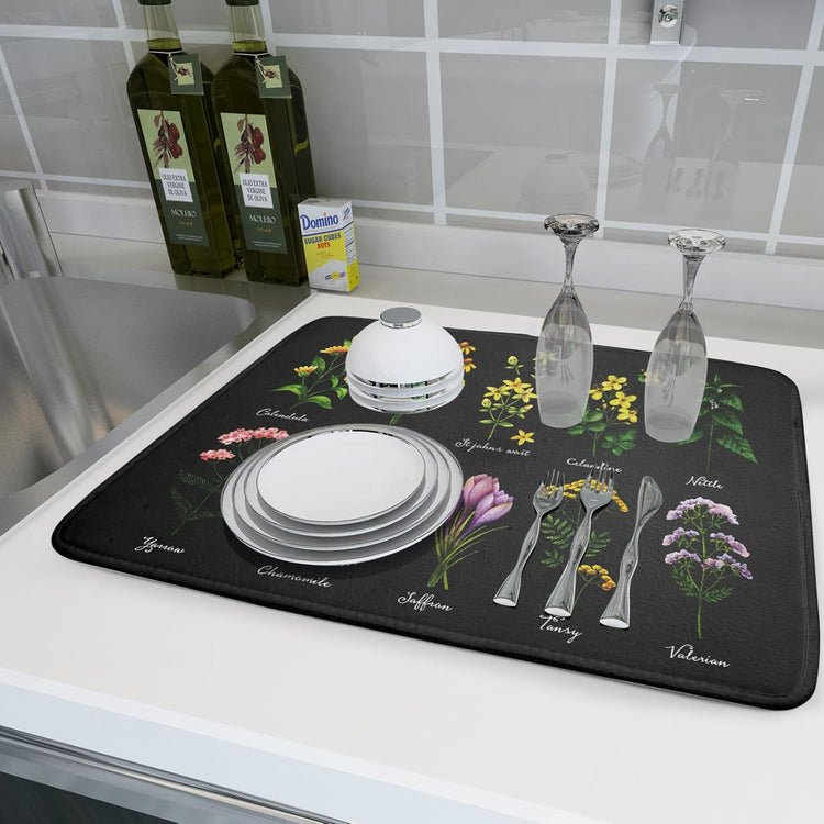 Black Flower Herbs Dish Drying Mat 18x24 Inch Botanical Floral Microfiber Drying Mats with Hanging Loop Foldable Absorbent Dish Drainer Rack Pad