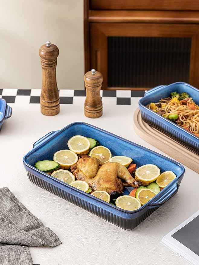 Kanwone Ceramic Baking Dishes, Rectangular Lasagna Pans, Casserole Dishes, Bakeware Set for Cooking, Kitchen, Cake Dinner, 9 x 13 Inches, Stripe Series - Reactive Glazed (Bright Blue)