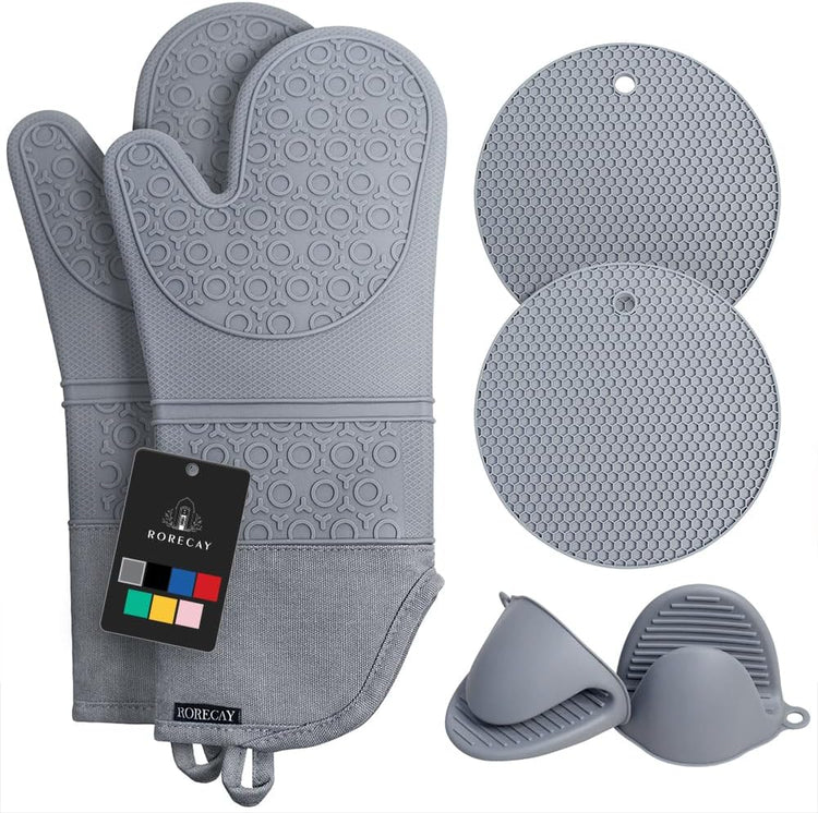 Rorecay 6pcs Oven Mitts and Pot Holders Sets for Kitchen, Extra Long Silicone Oven Gloves High Heat Resistant 500 Degrees Non-Slip Potholders Hot Pads for Baking Cooking, Grey