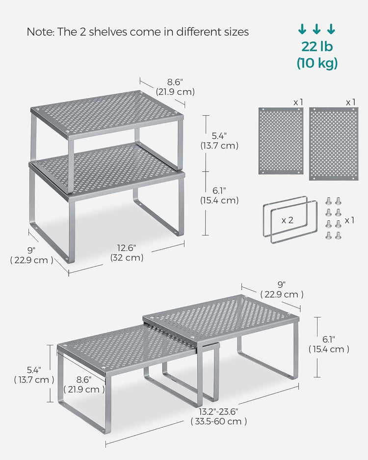 SONGMICS Spice Racks, Set of 4 Metal Cabinet Shelf Organizers, Countertop Organizers, Shelf Risers, Stackable, Expandable, Silver UKCS006S01