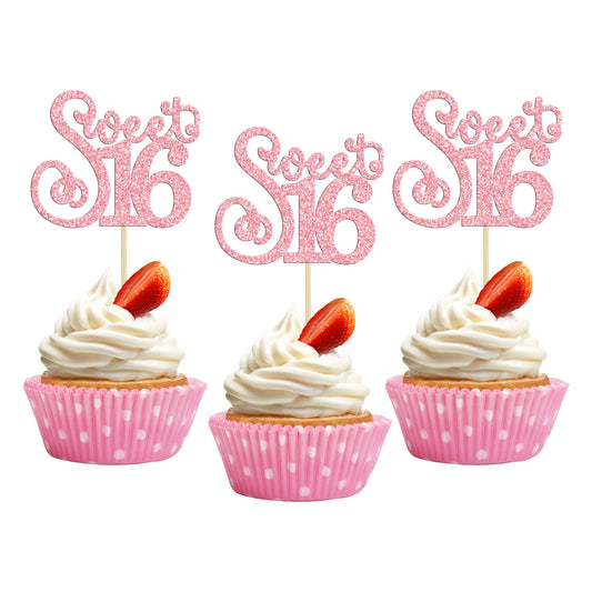 24 Pack Happy Sweet 16 Cupcake Toppers Glitter Sixteen 16th Birthday Cupcake Picks Cheers to 16 Years Old Cupcake Decorations for 16th Birthday Anniversary Party Cake Decorations Supplies Pink (24 Count)
