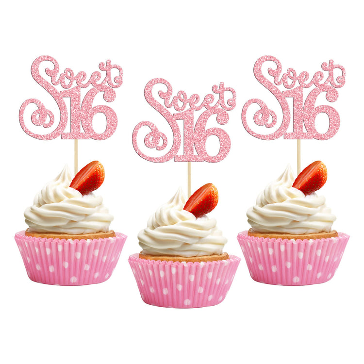 24 Pack Happy Sweet 16 Cupcake Toppers Glitter Sixteen 16th Birthday Cupcake Picks Cheers to 16 Years Old Cupcake Decorations for 16th Birthday Anniversary Party Cake Decorations Supplies Pink (24 Count)