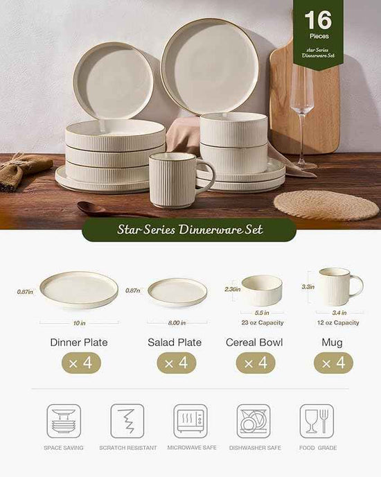 Famiware Star Dinnerware Set with Mugs, Service for 4 (16pcs), Ribbed Stoneware Plates and Bowls Dishes Sets with Trim - Chip & Scratch Resistant, Microwave & Dishwasher Safe, White