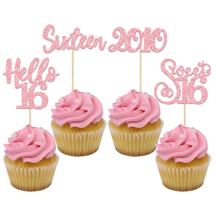 24Pcs Happy 16th Birthday Cupcake Toppers Glitter Hello 16 Sweet 16 Sixteen Years Old Cupcake Picks for Celebrating 16th Birthday Anniversary Party Cake Decorations Supplies Pink (24 Count)