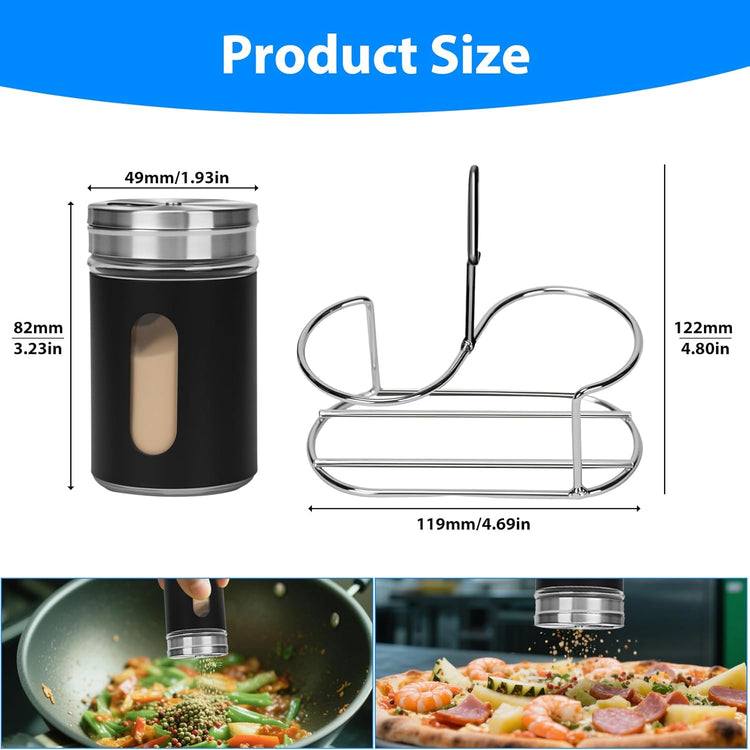Glass Salt and Pepper Shaker Set with Seasoning Rack, Spice Rack, Adjustable Pour Hole Stainless Steel Lid, 2.8 oz, Spice Dispenser for Salt, Pepper, Spice Preservation (black)