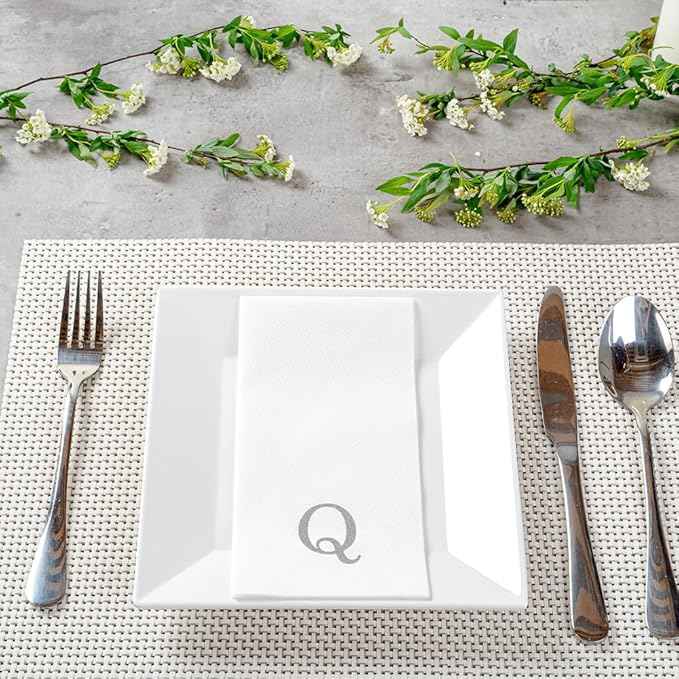 Luxenap 15.8 X 7.9 Inch Linen-Feel Guest Towels, 50 Lettered Hand Towels - Silver Letter 'Q', Sans Serif Font, White Paper Dinner Napkins, airlaid, For Restrooms And Tables - Restaurantware