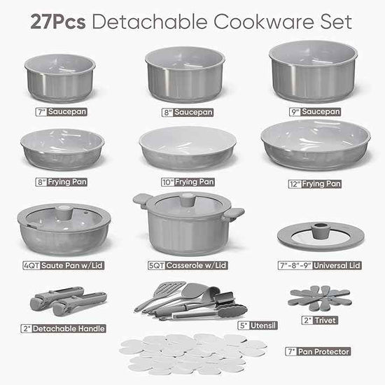 CAROTE 27pcs Ceramic Cookware Set Nonstick, Pots and Pans Set Non Stick, Non Toxic Cookware Detachable Handles, Dishwasher/Oven Safe, RV/Camping Cookware, Pan and Pot with Kitchen Utensils, Dark Gray