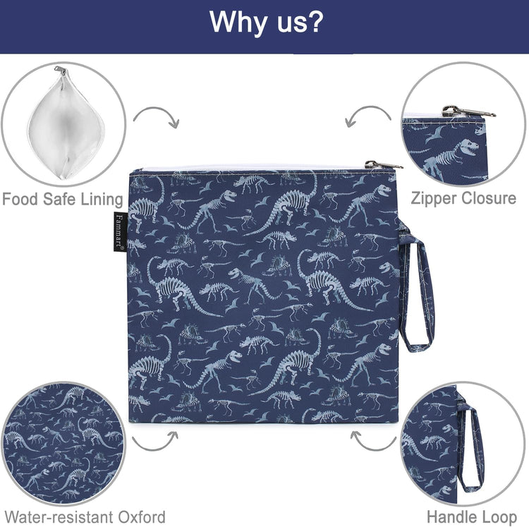 Reusable Sandwich Bag/Snack Bag for Kids & Adults, Dual Layer Lunch Bag with Handle, Washable, Food Safe, BPA Free (1-Pack, Dinosaur Fossil)
