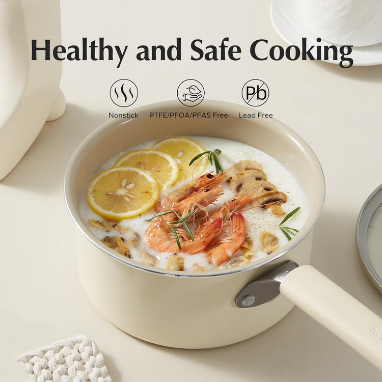 Redchef Ceramic Nonstick Saucepan with Lid, 1.5QT Small Cooking Pot, Non Toxic Sauce Pans for Kitchen, Cool Handle PFAS Free Compatible with All Cooktops, White