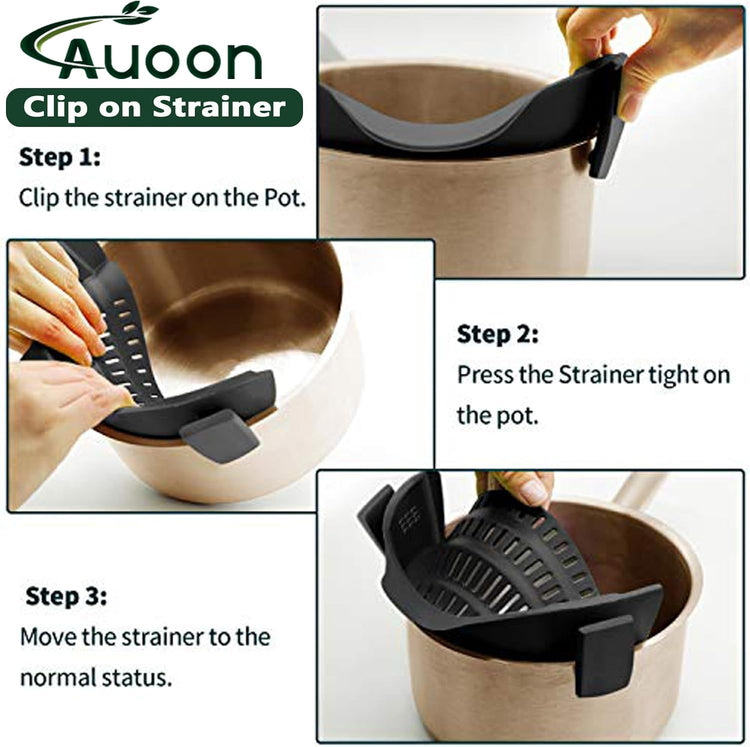 AUOON Clip On Strainer Silicone for All Pots and Pans, Pasta Strainer Clip on Food Strainer for Meat Vegetables Fruit Silicone Kitchen Colander (Fog Blue)