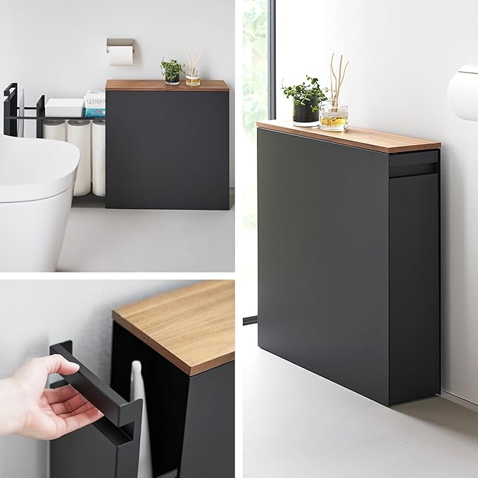 Yamazaki Home Pull-Out Bathroom Storage Cabinet – Slim Bathroom Storage Cabinet with Wood Top, Steel Organizer for Toilet Paper and Cleaning Supplies, Modern Space-Saving Design, Black - Steel + Wood